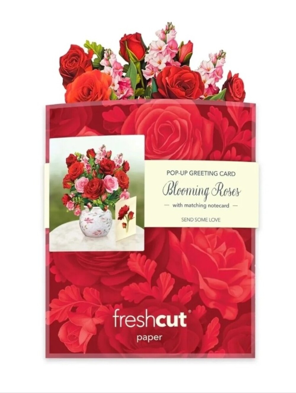 FreshCut Blooming Roses Large Pop-Up Greeting Card - Red/Pink Flower Bouquet